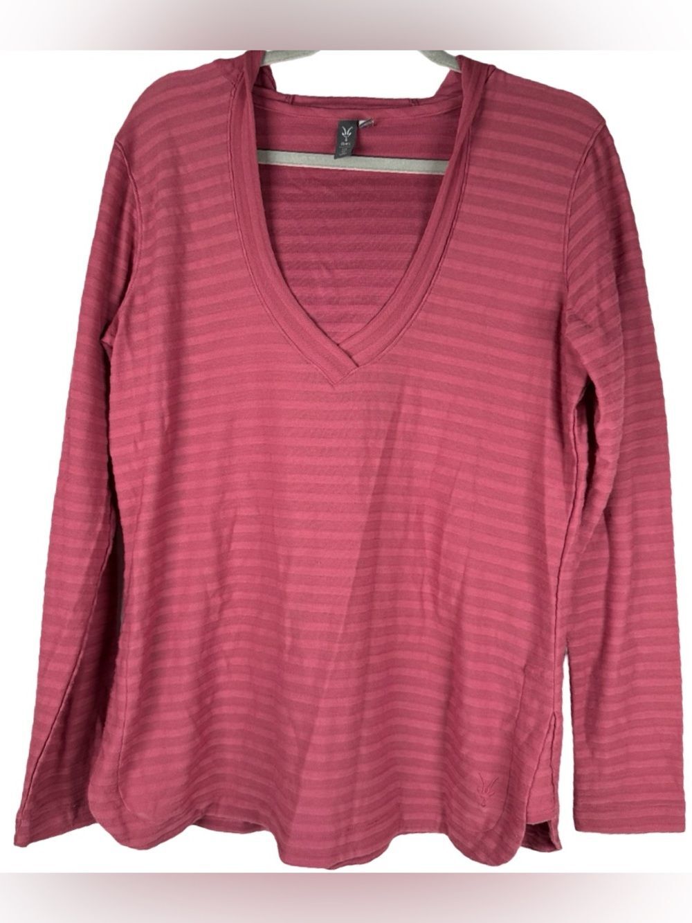 Ibex Raspberry Pink Hooded V-Neck Striped Knit Wool Blend Top Size XL